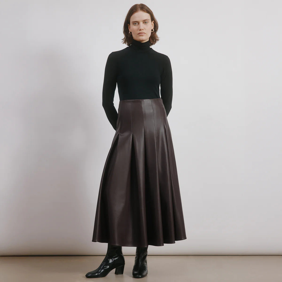 Faux Leather Pleat Midi Skirt