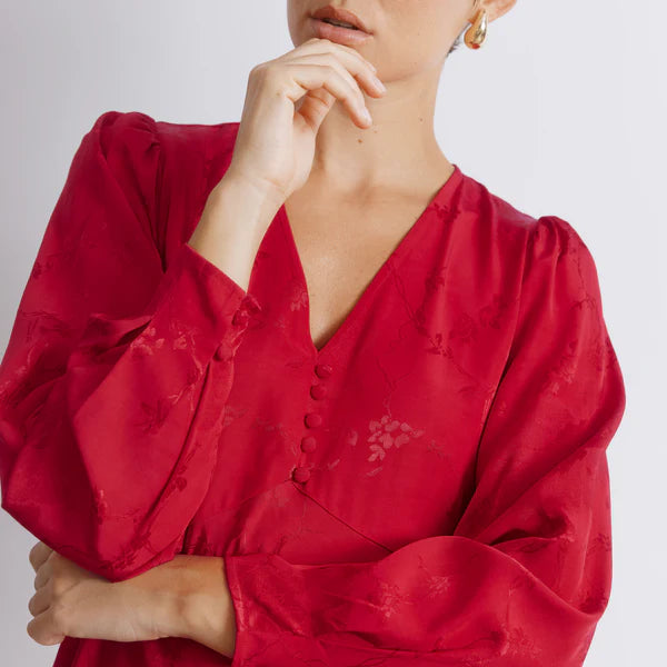 Red Jacquard Satin Short Dress