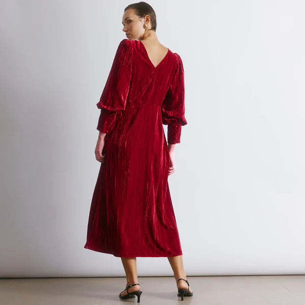 Crushed Deep Red Velvet Midi Dress