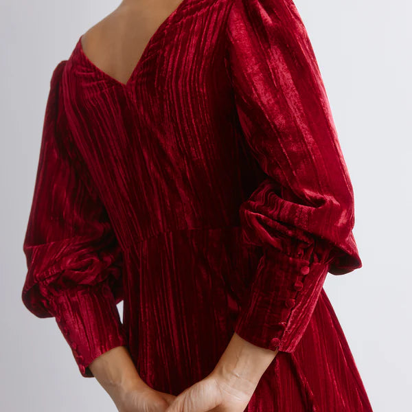Crushed Deep Red Velvet Midi Dress
