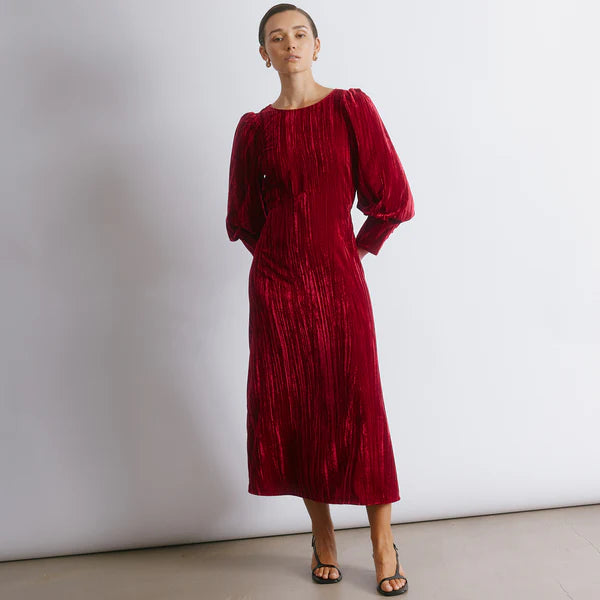 Crushed Deep Red Velvet Midi Dress