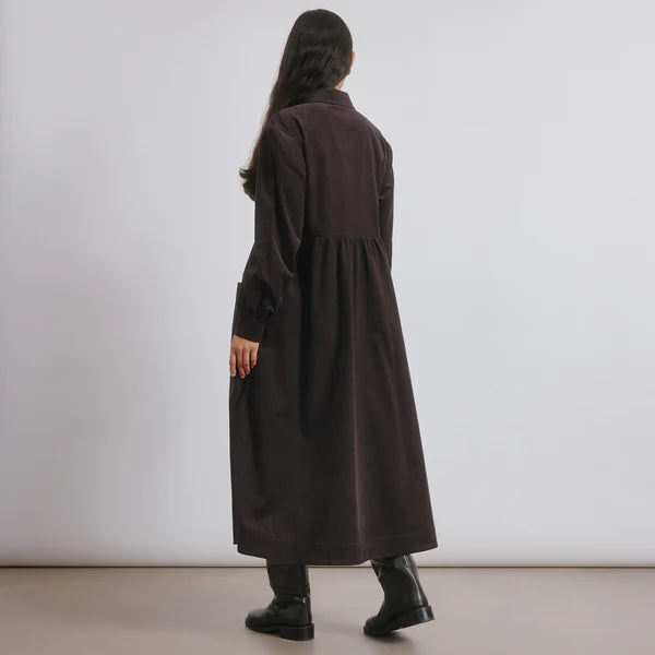 Brown Cord Placket Midi Dress