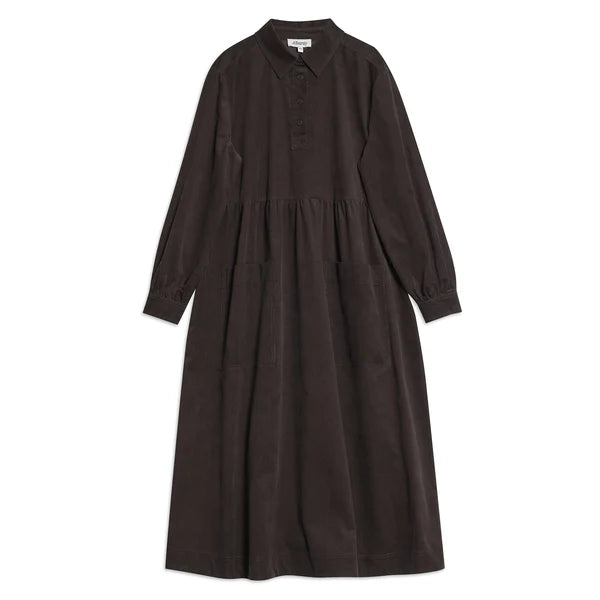 Brown Cord Placket Midi Dress