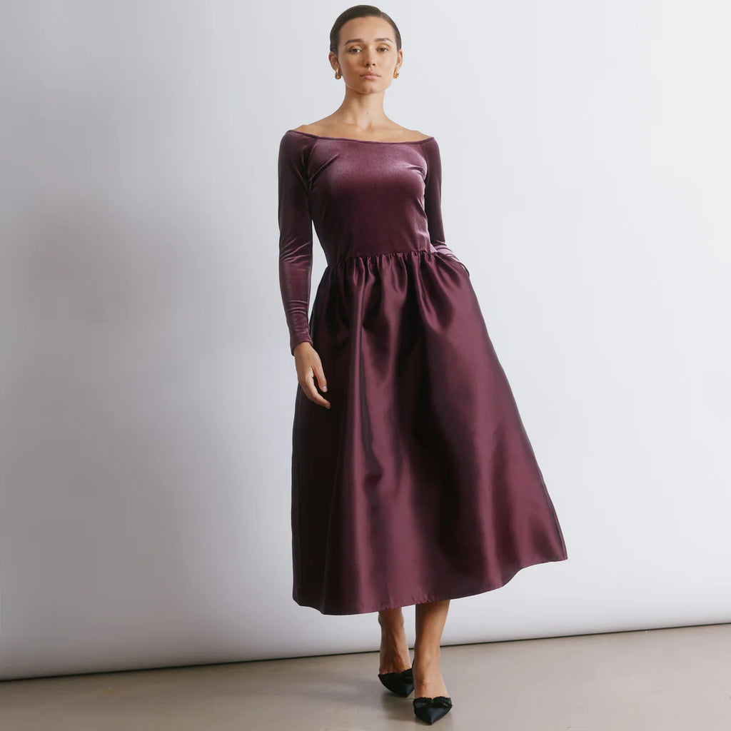 Burgundy Velvet & Taffeta Bardot Dress