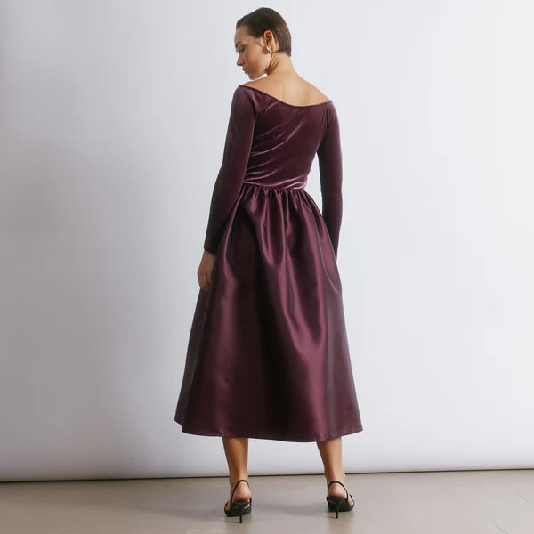 Burgundy Velvet & Taffeta Bardot Dress