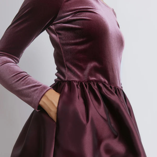 Burgundy Velvet & Taffeta Bardot Dress